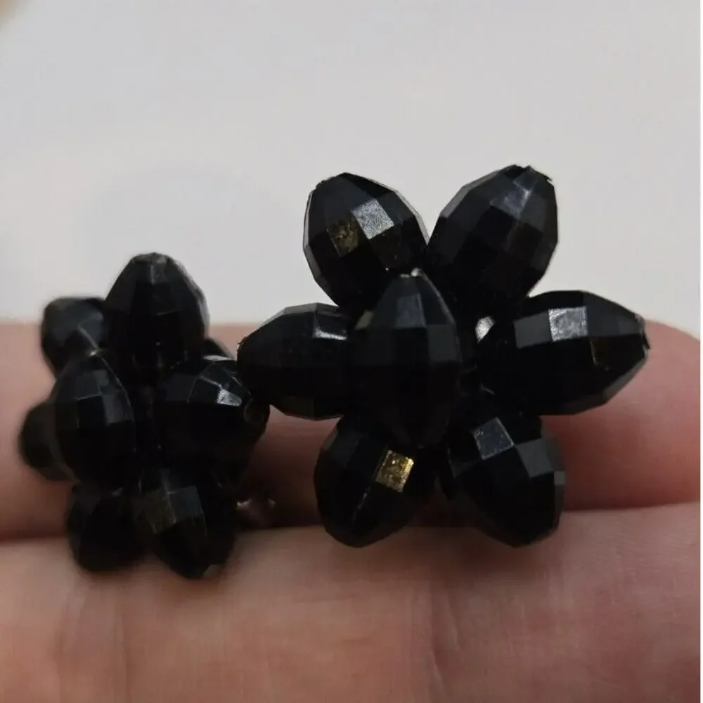 Vintage West Germany Black Acrylic Beaded Clip On Earrings Floral Flower